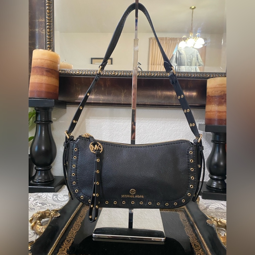 Michael Kors Black Leather Shoulder Bag with Gold Hardware